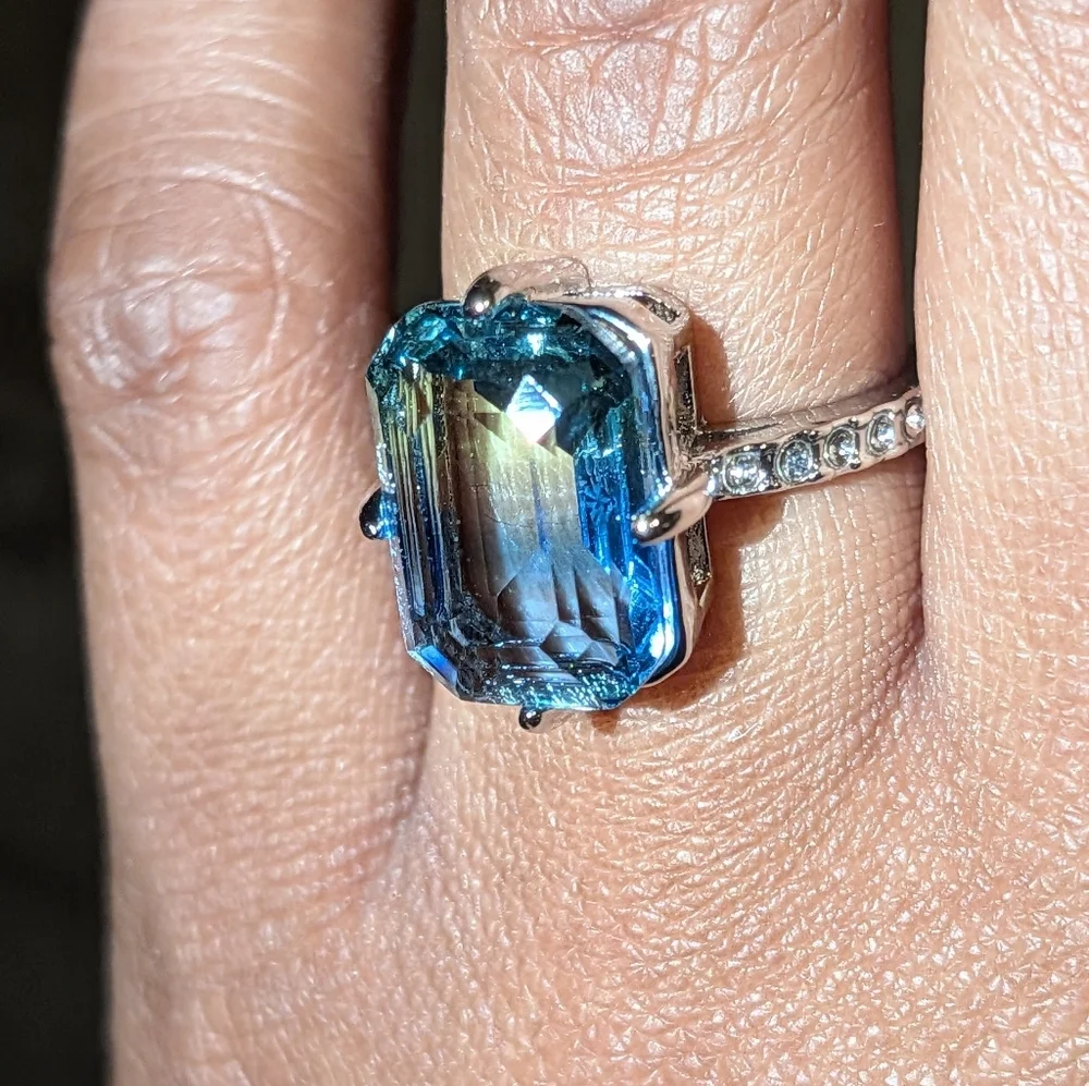 Blue/Green Tourmaline Ring, 14K White Gold Plated Double Color Gemstone Sz 6